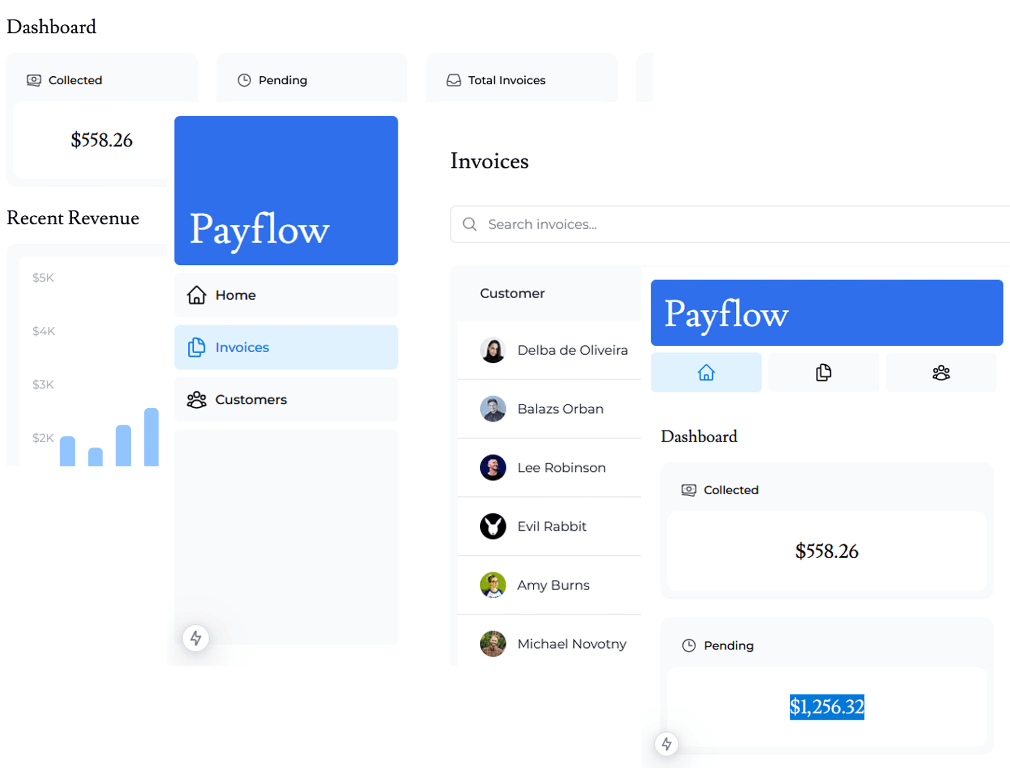 Screenshots of the dashboard project showing desktop version